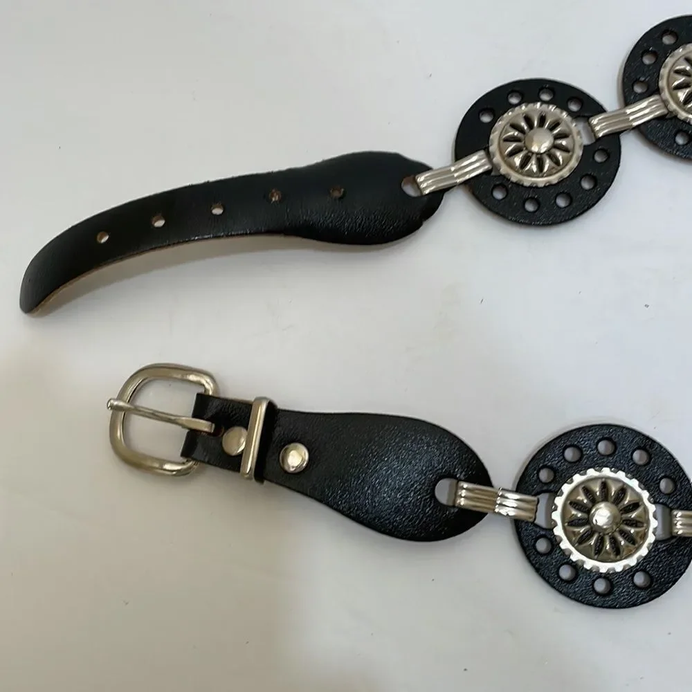 BLACK‎ FAUX LEATHER WESTERN BELT WITH SILVER MEDALLIONS